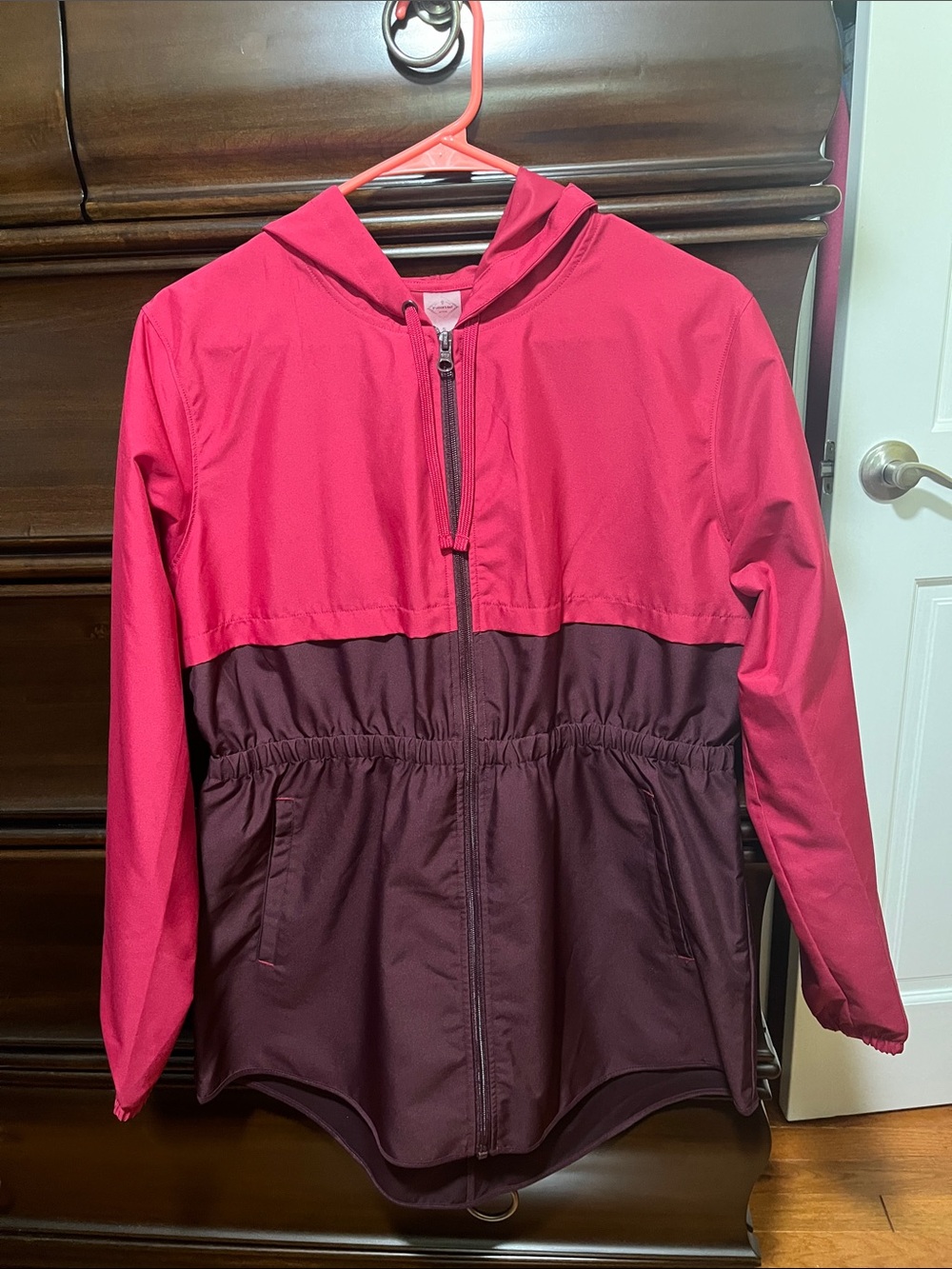 Women’s Hooded Two-Tone Windbreaker/Rain coat  Jacket - Pink & Dark Maroon
